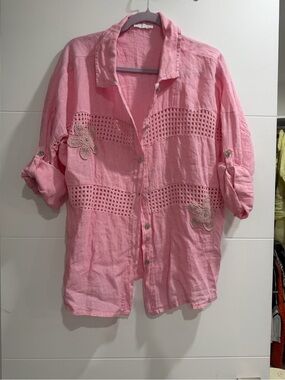Brand New Made in Italy Pink Linen Button-Up Shirt with Crochet Details